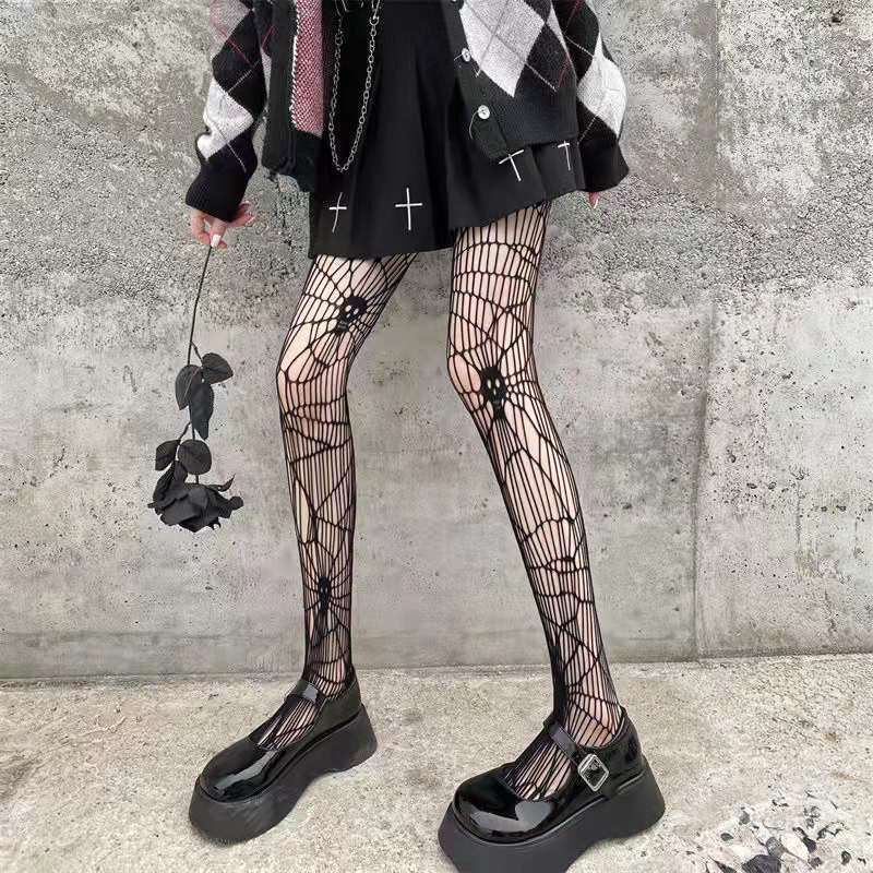 Gothic Skull Jacquard Fishnet Stocking Women Sexy Thigh High Waist ...
