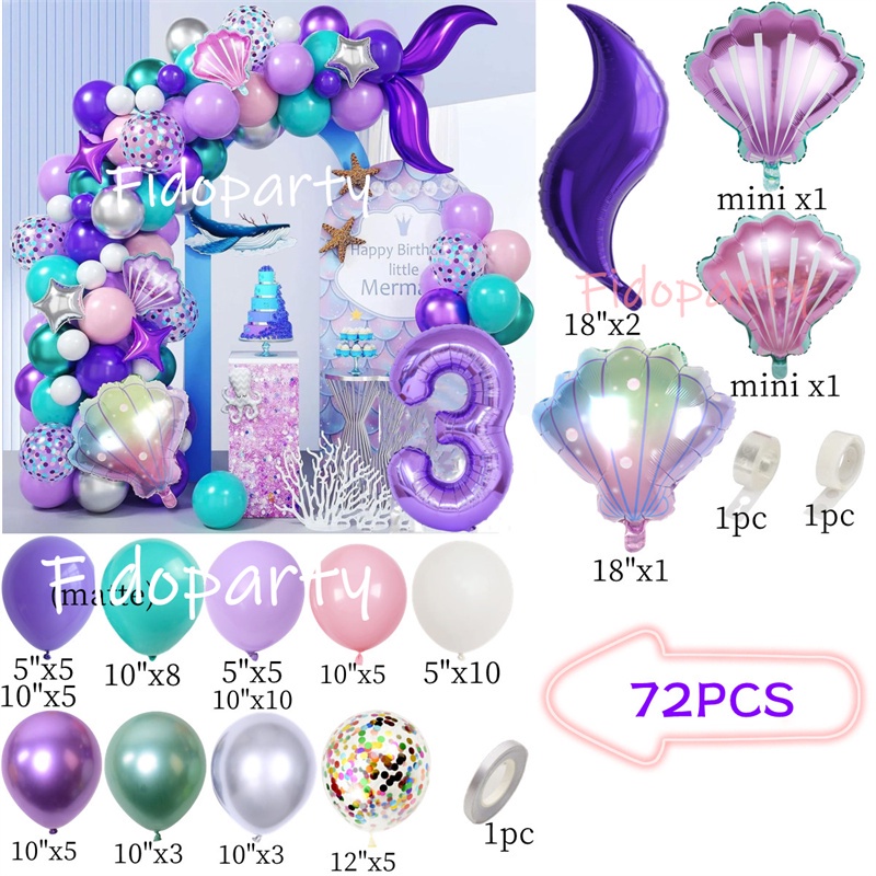 Purple Mermaid Theme Pearl Shell Balloon Arch Kids Girl Birthday ...