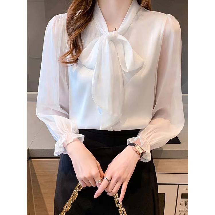 Retro design niche loose top bow chiffon white shirt long sleeve shirt ...