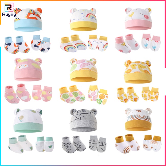RU3 3pcs Infant Beanie Hats Mittens Socks Set Newborn Baby Caps No