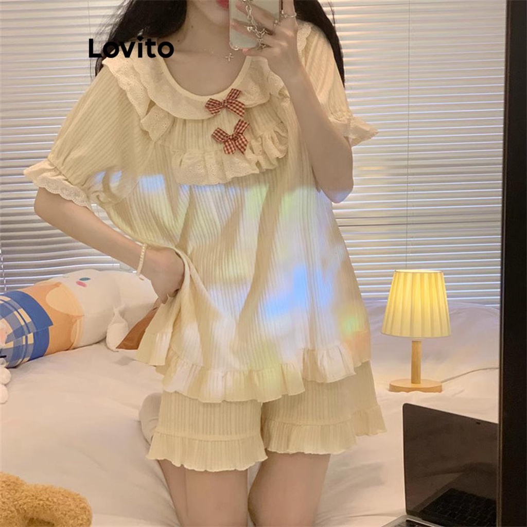 Pure Color Bowknot Lace Home Pajamas Set