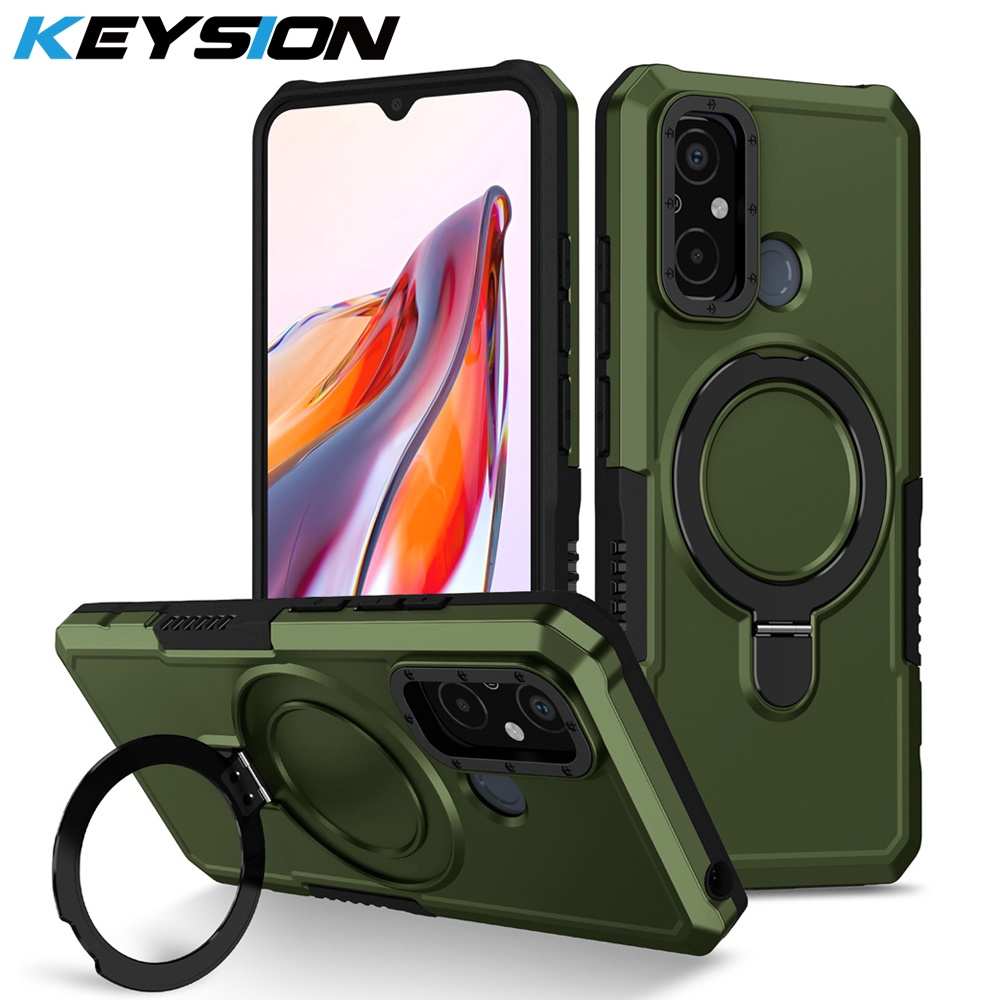 KEYSION Shockproof Case for Redmi 12C 10A 9C 9A 9T Power Soft Silicone+PC  Ring Stand Phone Back Cover for Xiaomi Redmi A1 A2