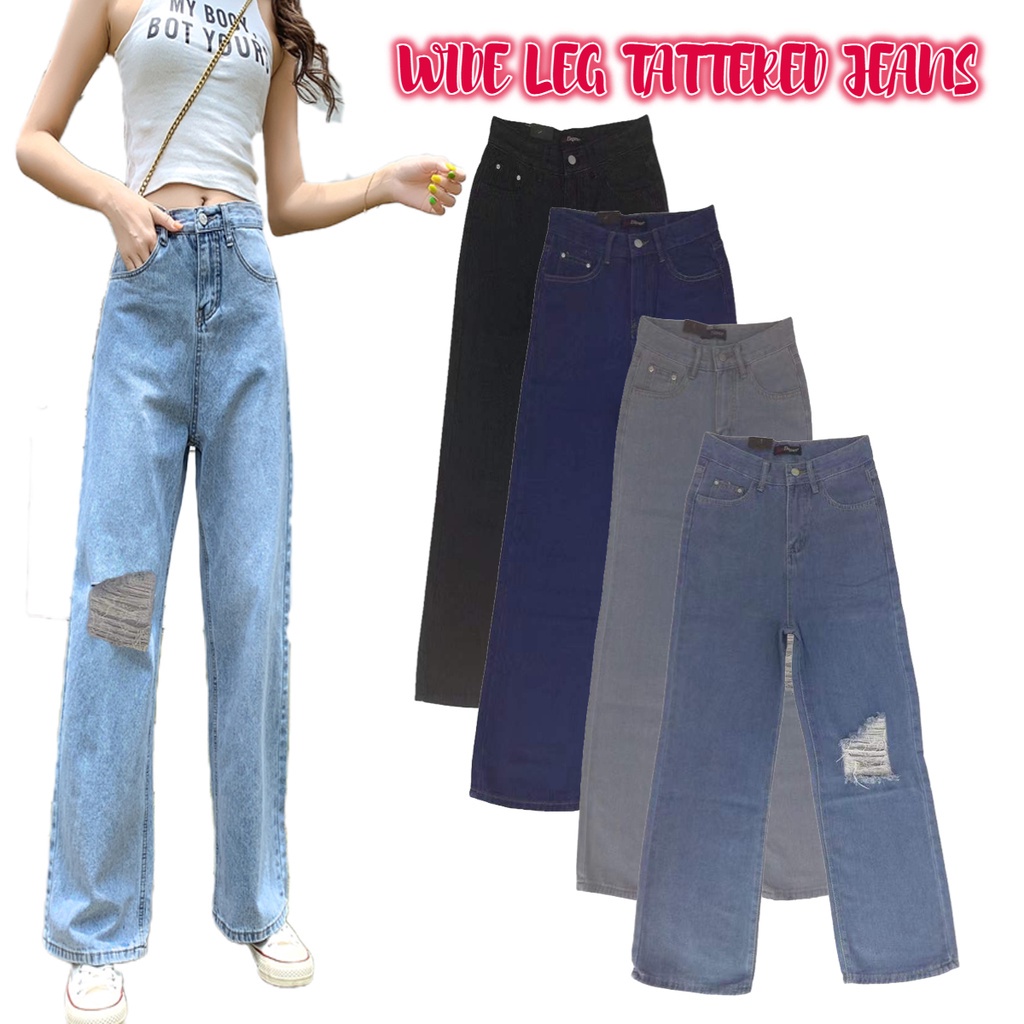 Ladies Ripped Wide Leg Jeans Floor Jeans Tattered Wideleg | Shopee ...