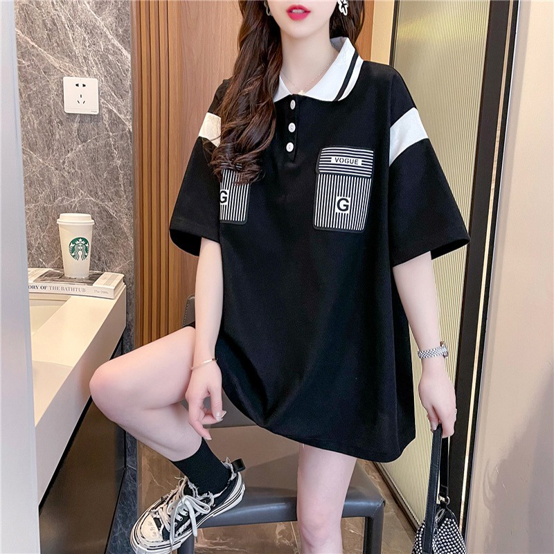 Lapel Contrast Color polo Shirt Girlfriend Style Long t-Shirt Female ...