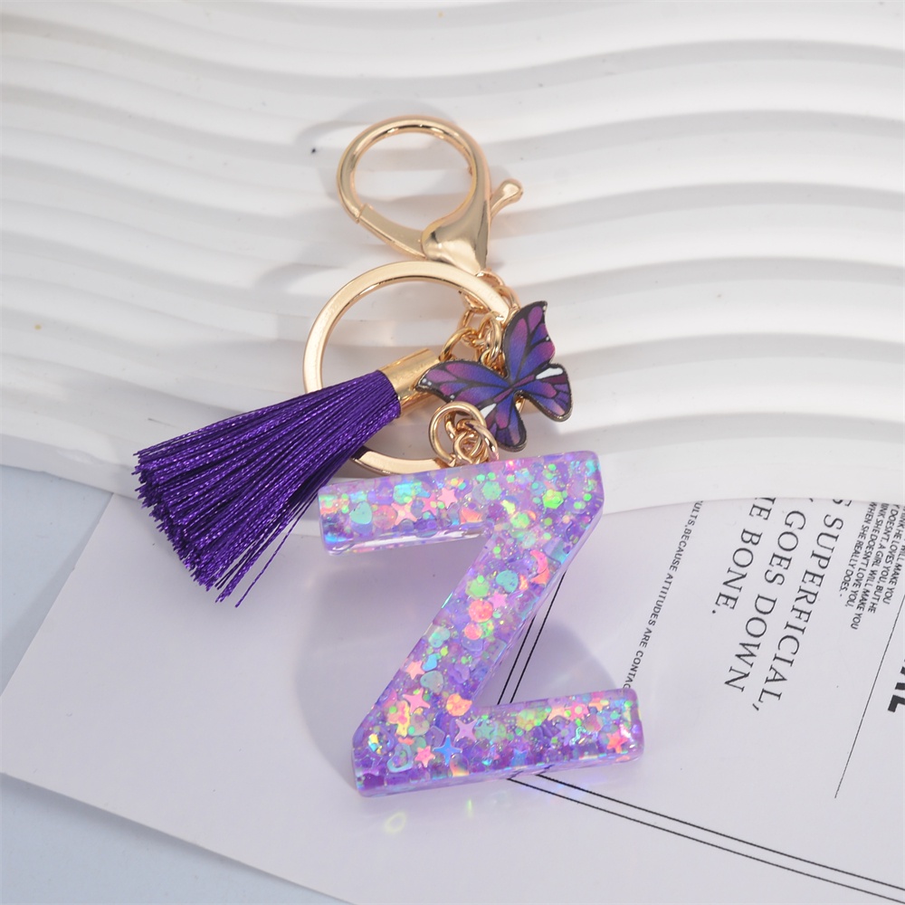 A-Z Shiny Sequin Letter Keychain Resin Couple Initial Purple Stars