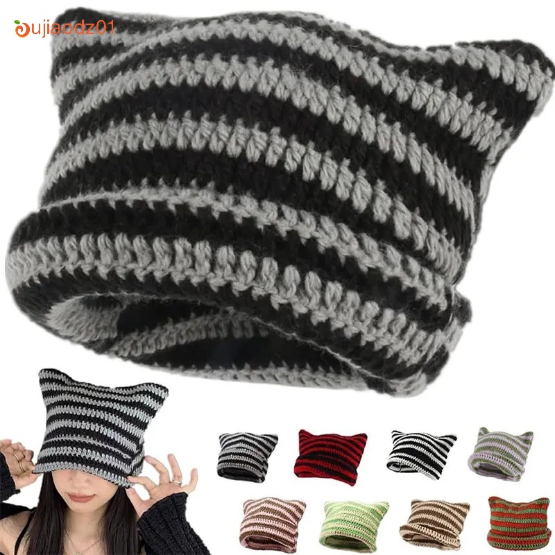 New Y2K Star Striped Knitted Cat Ear Hat Sweet Cool Girls Designer Winter Hats Handmade Beanie Female Beanies Shopee Philippines