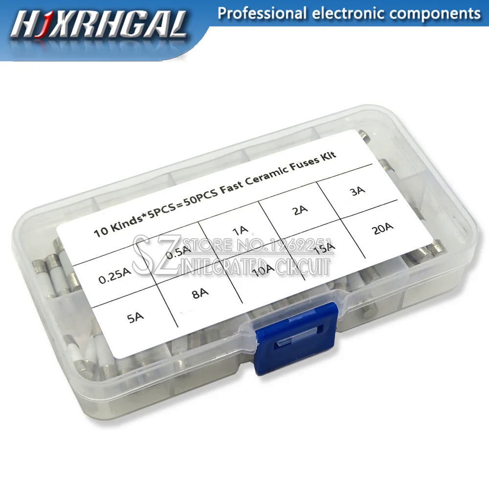 50pcs/box 10 Kinds Fast Ceramic Fuses Kit 250V 5mm x 20mm 0.25A 0.5A 1A ...