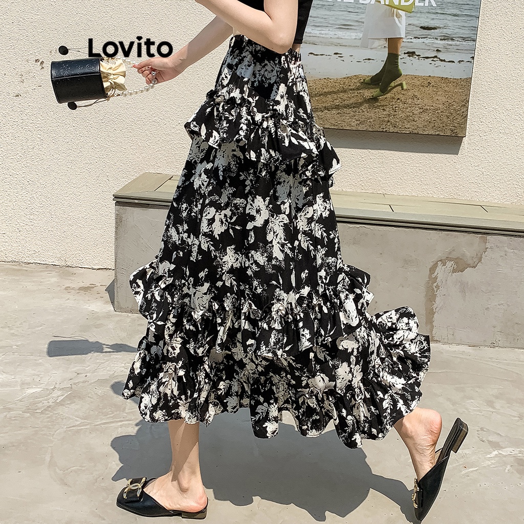 Lovito Women Casual Ditsy Floral Split Skirts Lna Black Shopee