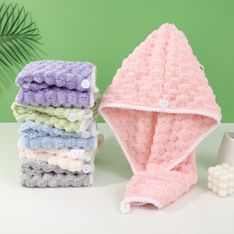 Grid Coral Fleece Hair Dry Towel Cute Quick Dry Hair Towel Shower Cap