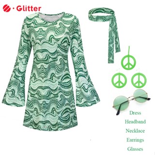 2Pcs 60s 70s Outfit for Girls Kids Hippie Costume Bell Sleeve Print Disco  Dress with Headband Halloween Cosplay Dancing Dress