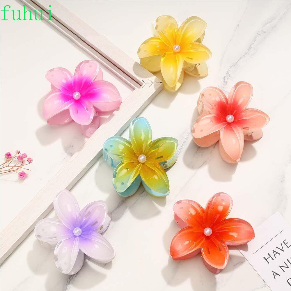 FUHUI Plumeria Flower Hair Claw, Gradient Pearl Emijay Hair Clip, Retro ...