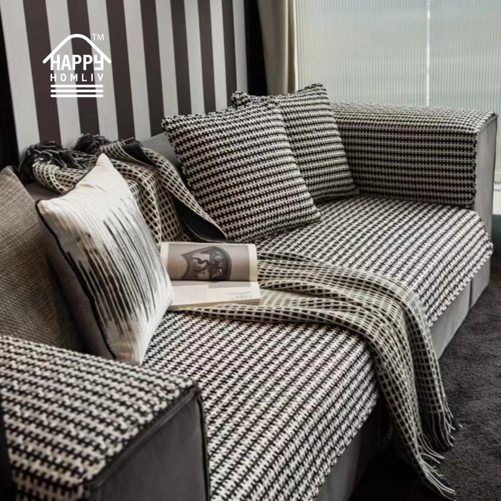 Happy HOMLIV Cotton Sofa Cushion Black White Plaid Sofa Cover Anti-Cat  Scratch Anti-Dog Bite Four Seasons Anti-slip Fabric Sofa Towel
