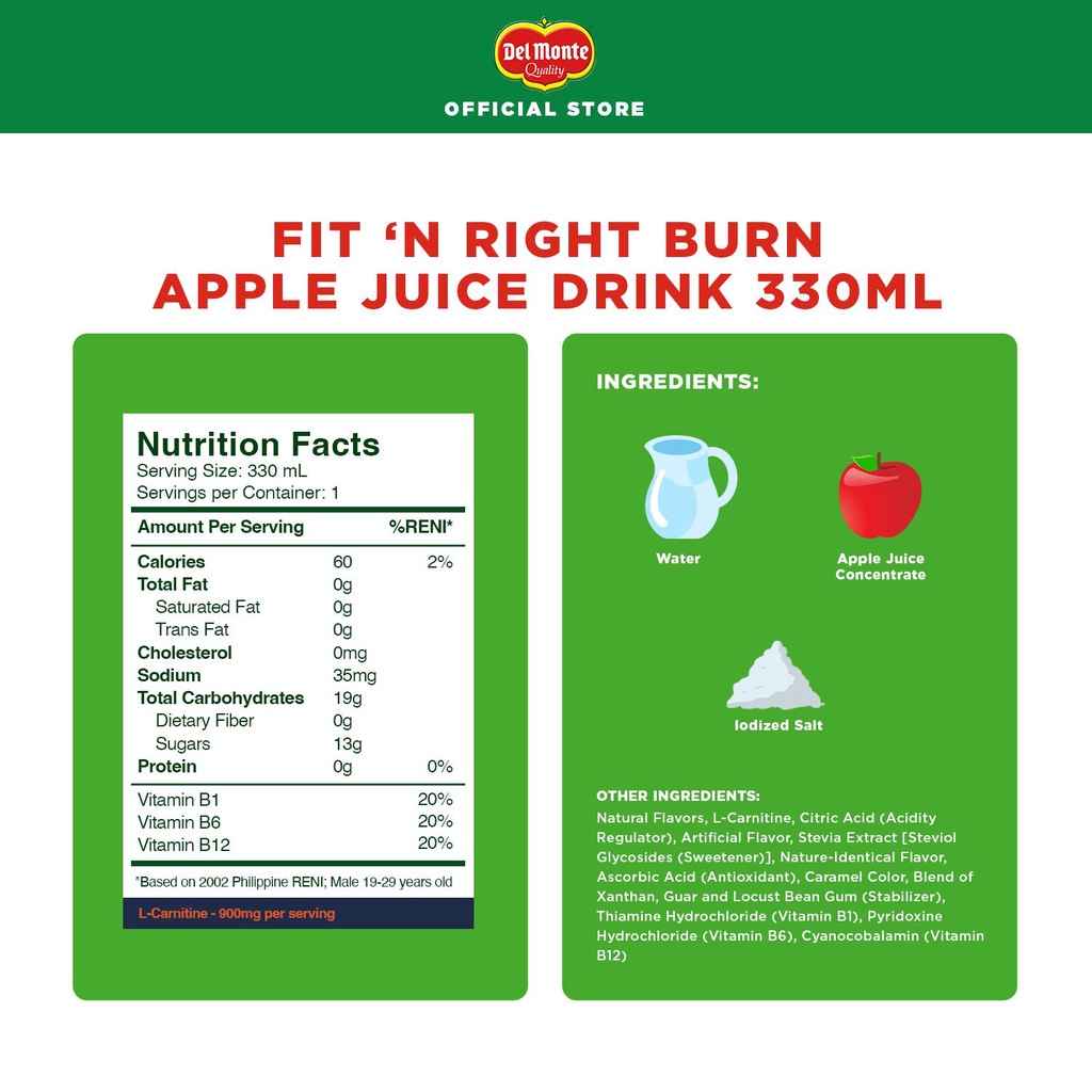 DEL MONTE Fit 'n Right BURN Apple Juice Drink That Helps to Burn Fat
