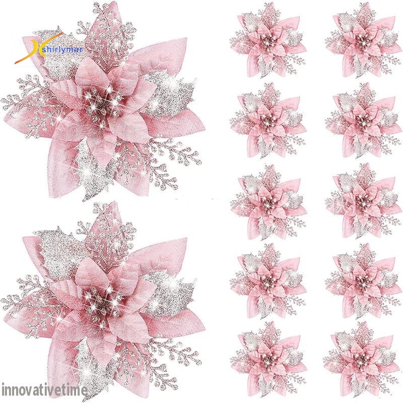 Sr 10pcs 145cm Glitter Artificial Christmas Flowers Shiny Mreey Tree ...