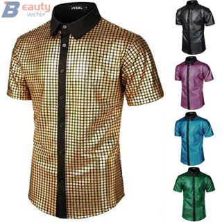  Mens Sequins Short Sleeve Button Down Shirts 70s