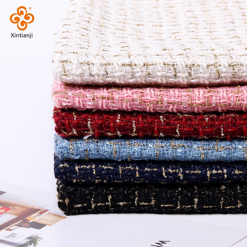 Golden silk tweed fabric Woolen lattice polyester DIY for Women's Coats ...