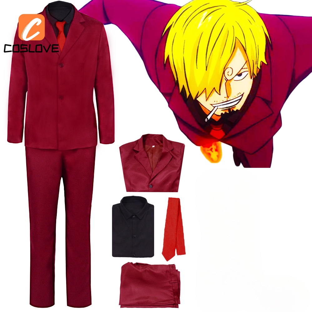 One Piece Sanji Cosplay Full Set Costume Wine Red Color Suit Long ...