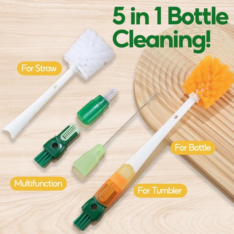 5 in1 Long Handle Bottle Cleaning Brush Set Baby Bottle Brush Cup ...