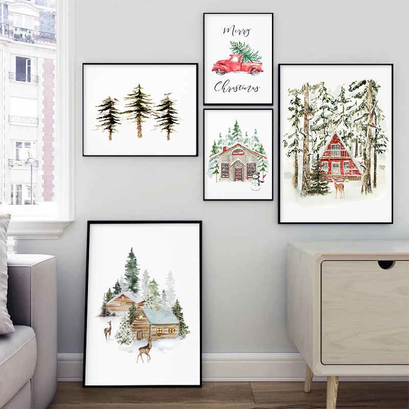 Christmas Farmhouse Forest Deer Woodland Wall Art Decorative Posters ...