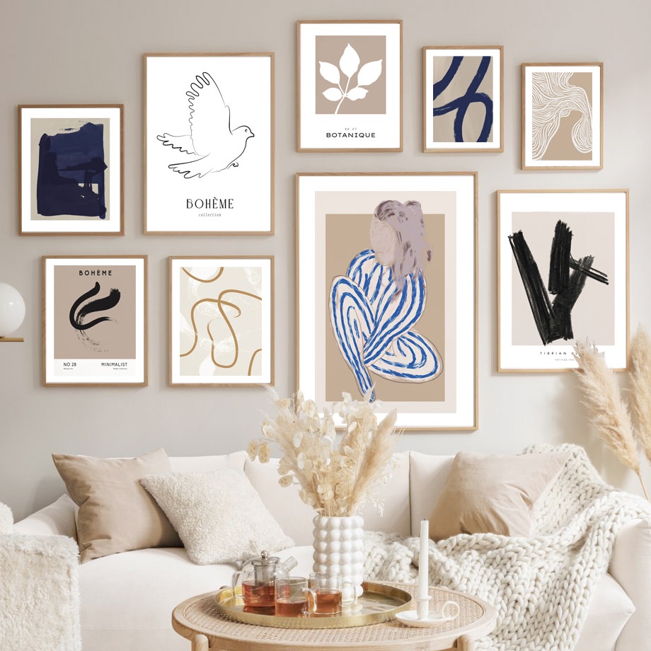 Image showcasing Bohemian Style Wall Art Print Abstract Lines Geometry Leaves Dove ...