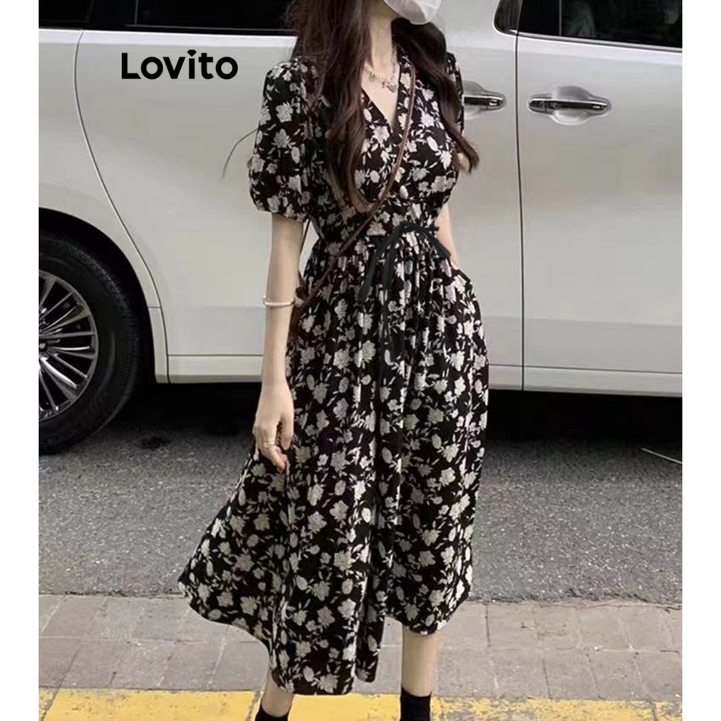 Lovito Women Casual Ditsy Floral Pocket Dress Lne Black Shopee Philippines