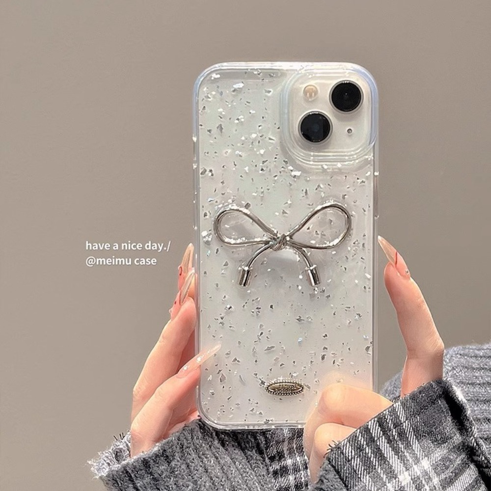 Korean Retro Silver Gold Foil Bow Knot Iphone Case Clear Crystal Glitter  Case Iphone 14 Pro Max Full Body Shockproof Protector for IPhone 15 14 13  12