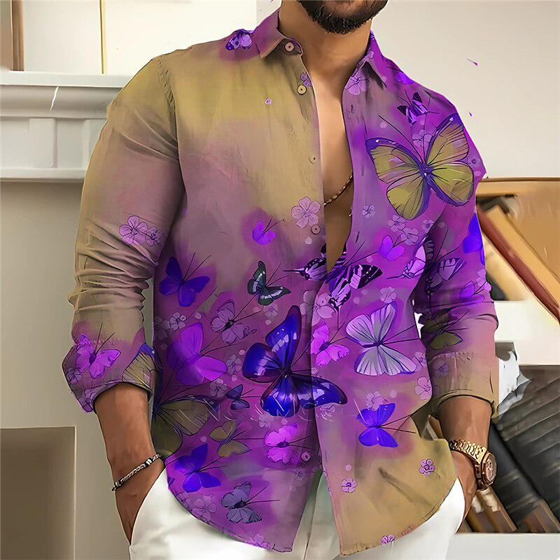 Purple Butterfly Print Men's Shirt, Antique Pattern Long-Sleeved Shirt