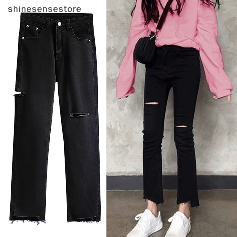 【Shines】 Jeans Women Vintage Straight Trousers Hole Ripped High Waist ...