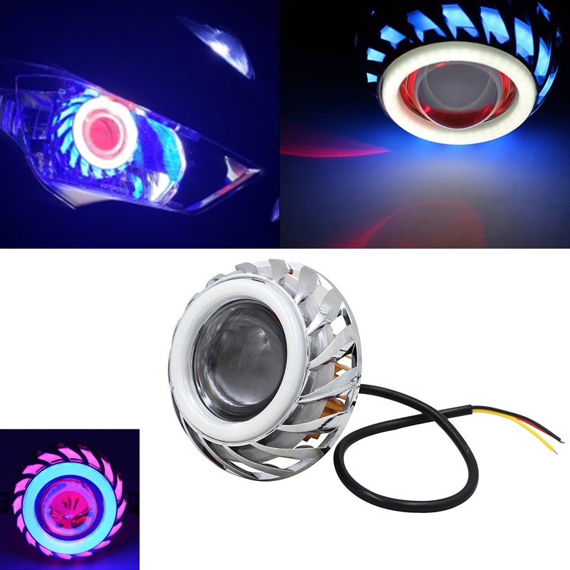 Motorcycle LED Headlight Projector Lens Dual Angel Devil Eye Head Lamp ...