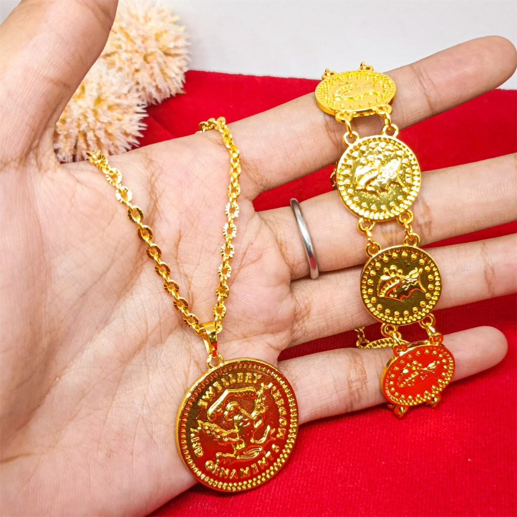 Bracelet Set+2Sided Titanium Coin Chain Necklace Women's Jewelry