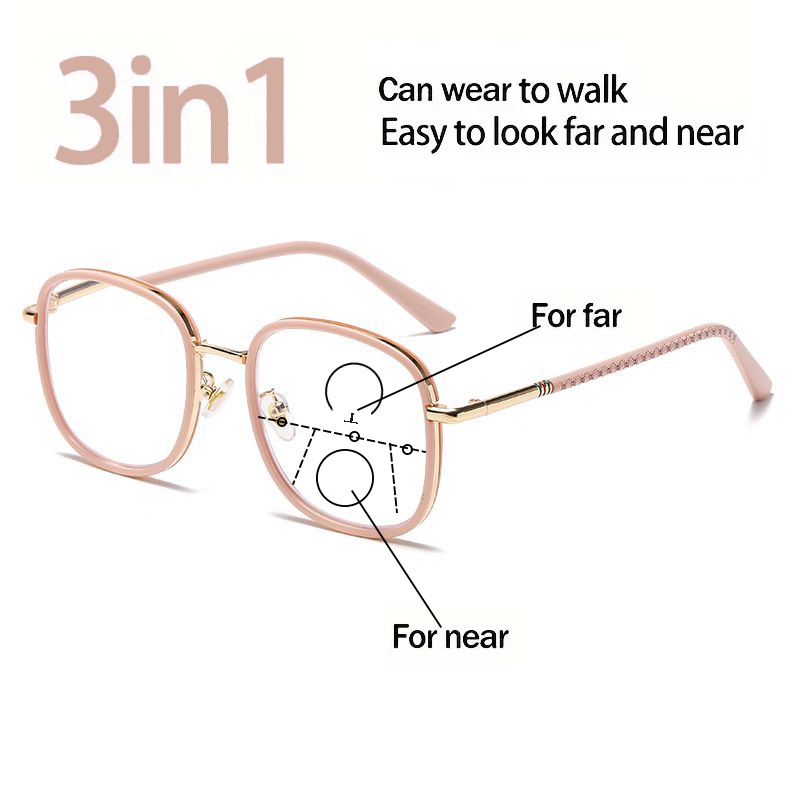 8331JJ 1pc Metal Squared Frame Progressive Lens See far See near  Multi-focal Unisex Reading Glasses