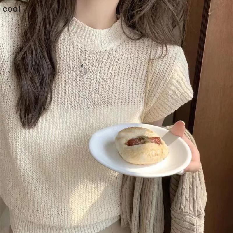 TINA Summer Solid Color Retro Knitted T-shirt Women Round Neck Flying ...