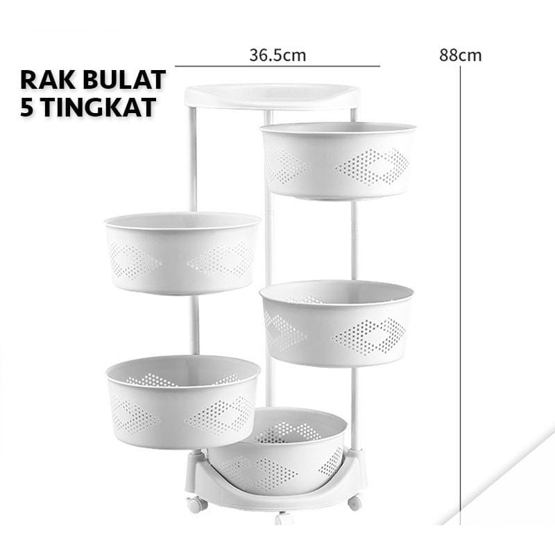 Round Trolley Rack Multi-Purpose 5 Tier Kitchen Rack Plastic Wheels ...