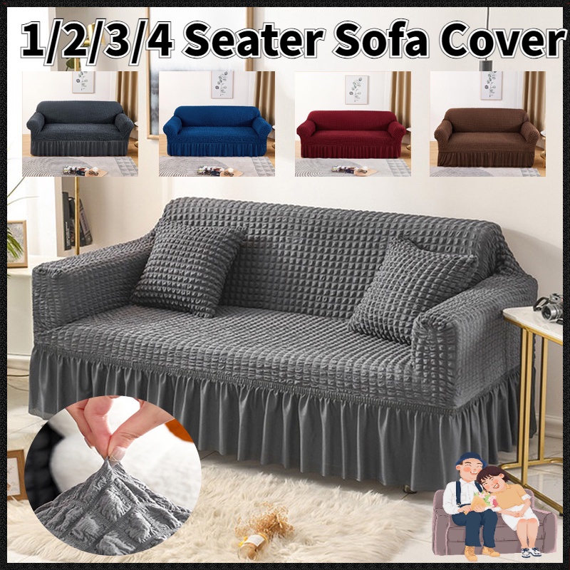 1/2/3/4 Seater Couch Seersucker Skirt Sofa Cover Elastic Removable Set ...
