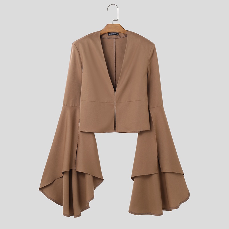 INCERUN Men Vintage V-Neck Long Flared Sleeve Solid Color Blazer ...