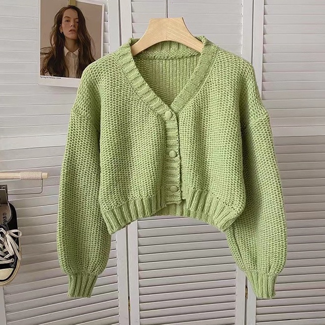 C S Korean Casual Knitted Sweater Long Sleeve Loose V Neck Crop Plain Color Cardigan Shopee Philippines