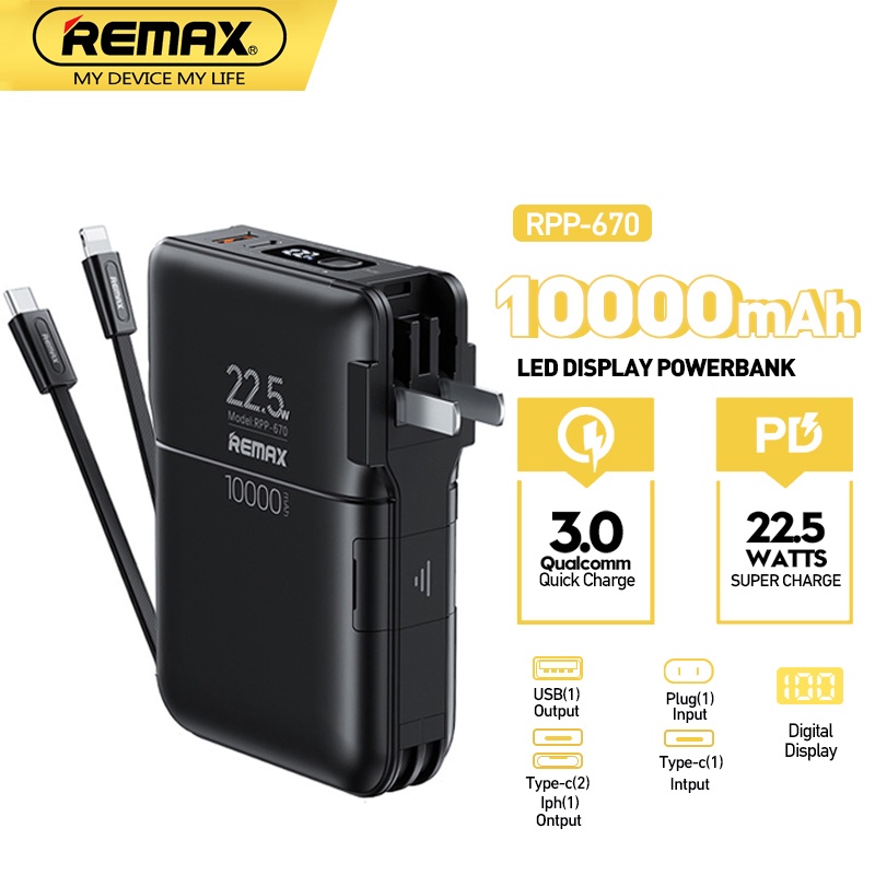 Remax RPP-670 Powerbank 10000mah Qc+Pd 20w+22.5w Power Bank with Type-c ...