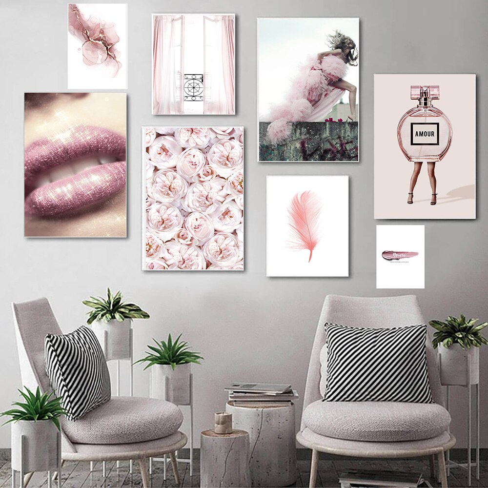 Pink Fashion Wall Posters, Perfume Feather Canvas Painting, Lips Wall ...