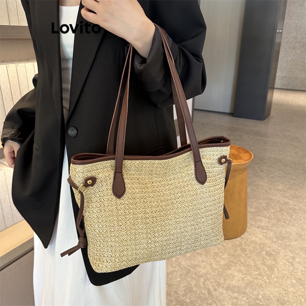 Lovito Women Colorblock Top Handle Tote Bag LNA28328 (Coffee) | Shopee ...