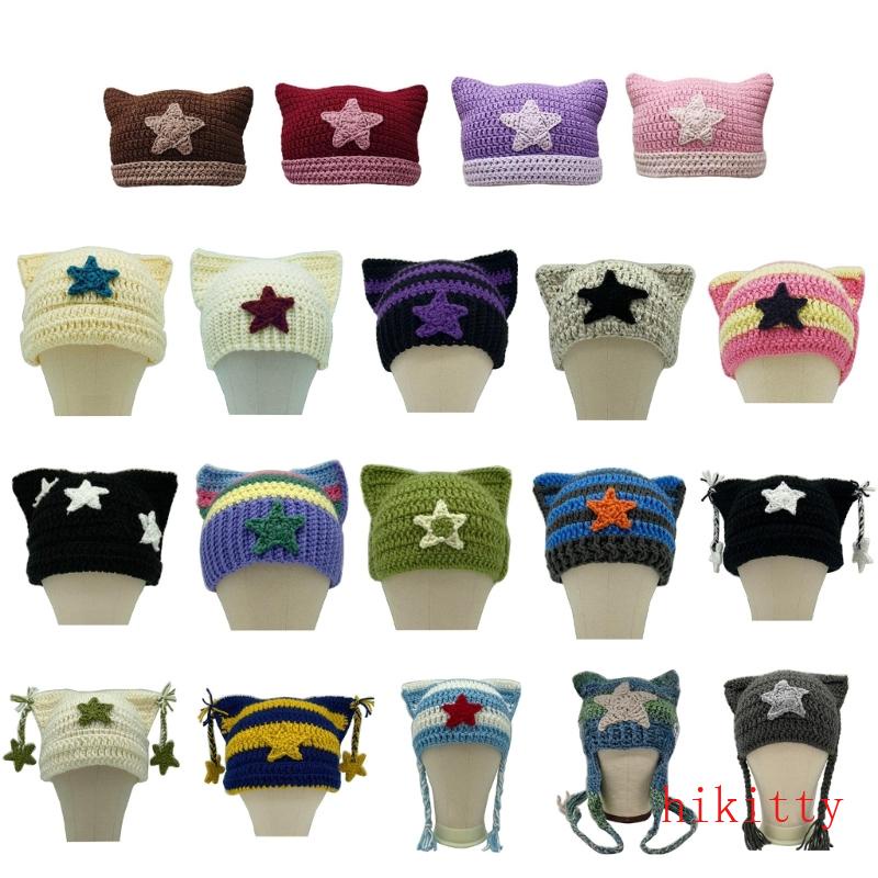 HIK Handmade Crochet Hat Y2K Girls Star Beanie Hat Sweet