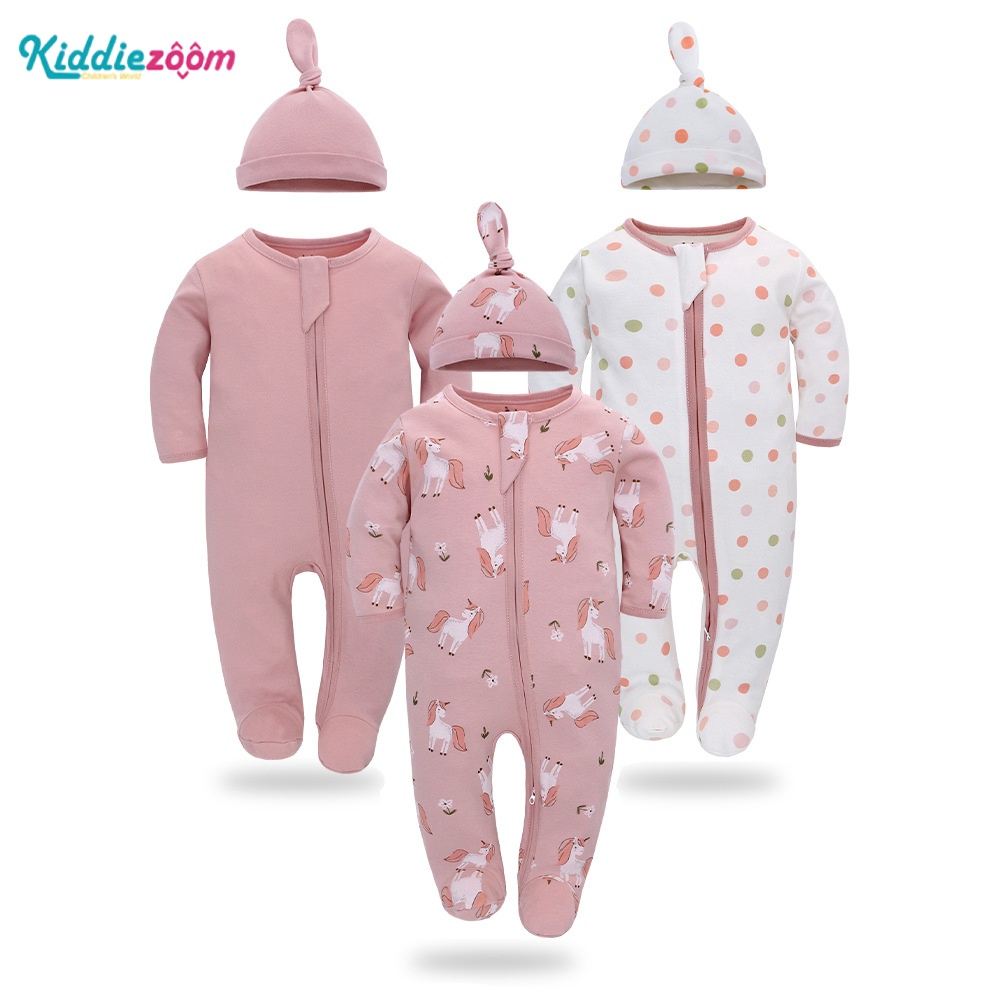 Newborn girl longsleeved jumpsuit + knotted hat Pure cotton Longsleeved boy Zipper onesies
