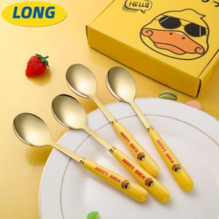 Silverware Set, Stainless steel mixing Stirring spoon creative long handle  Thicken small spoon dessert spoon coffee ice spoons cutlery tableware  (Color : Dark green gold 4pcs)