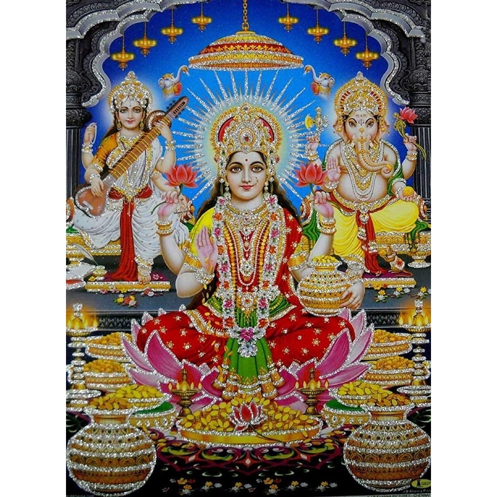 Auspicious Lakshmi Ganesha Saraswati Hindu God Poster with Glitter ...