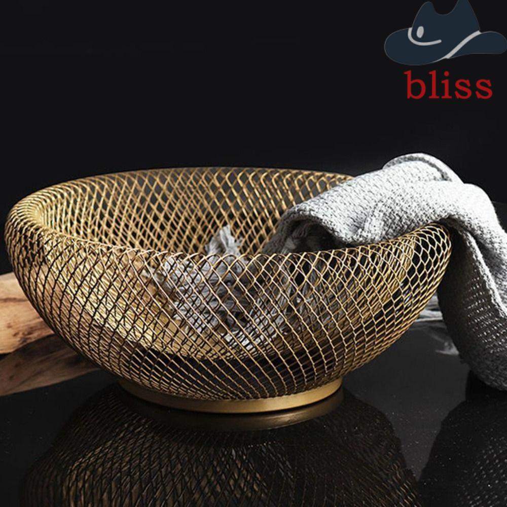 BLISS Iron Art Fruit Basket, Black/Gold Round Mesh Fruit Snacks Basket, Creative Hollow Large