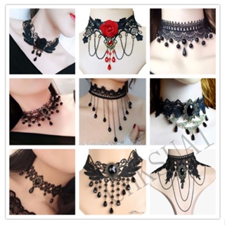 1 PCS Black Lace Necklace Chokers Vintage Style Female Gothic Wedding Red  Rose Crystal Diamond Pendant Collarbone Necklace Chain Accessories for Women  Girls(10 Style)