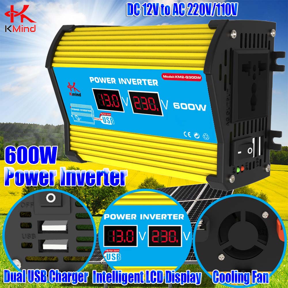 KMind Car Power Inverter 12v 220v Peak 600 Watts Sine Wave Automatic ...