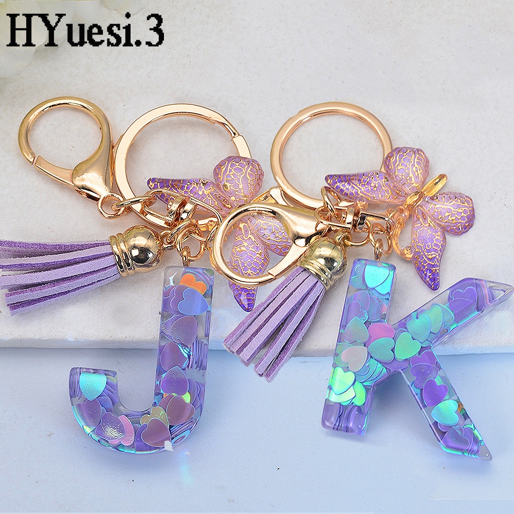 Purple Sequin Filled Name Keychain Butterfly Tassel 26 Alphabet ...
