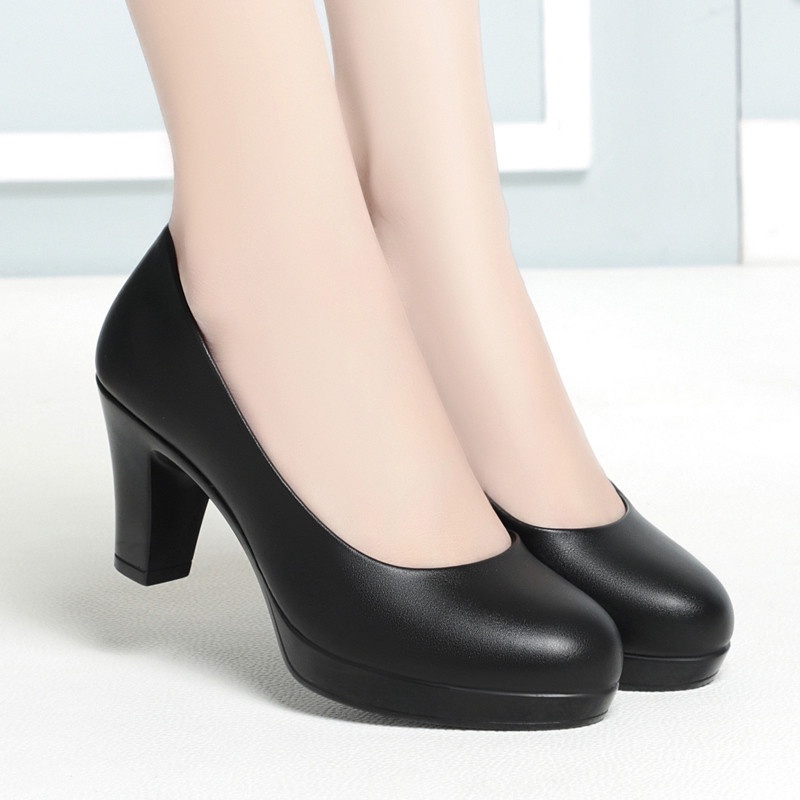 Black shoes women's classic work style black leather shoes 6.5cm heels ...