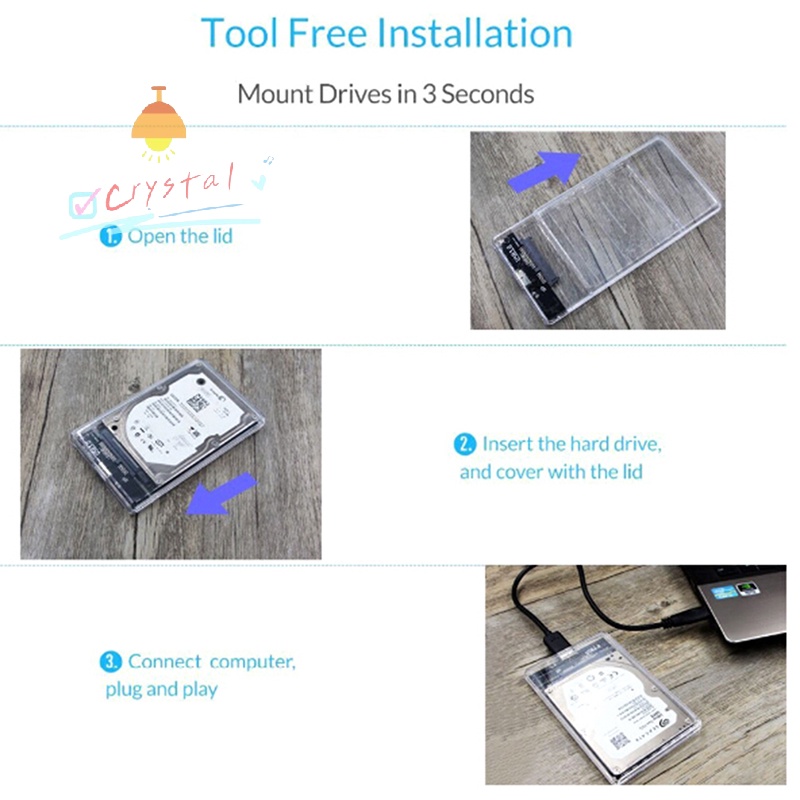 Crystal- 2.5'' USB 3.0 to SATA SSD HDD Hard Drive Disk External Case ...