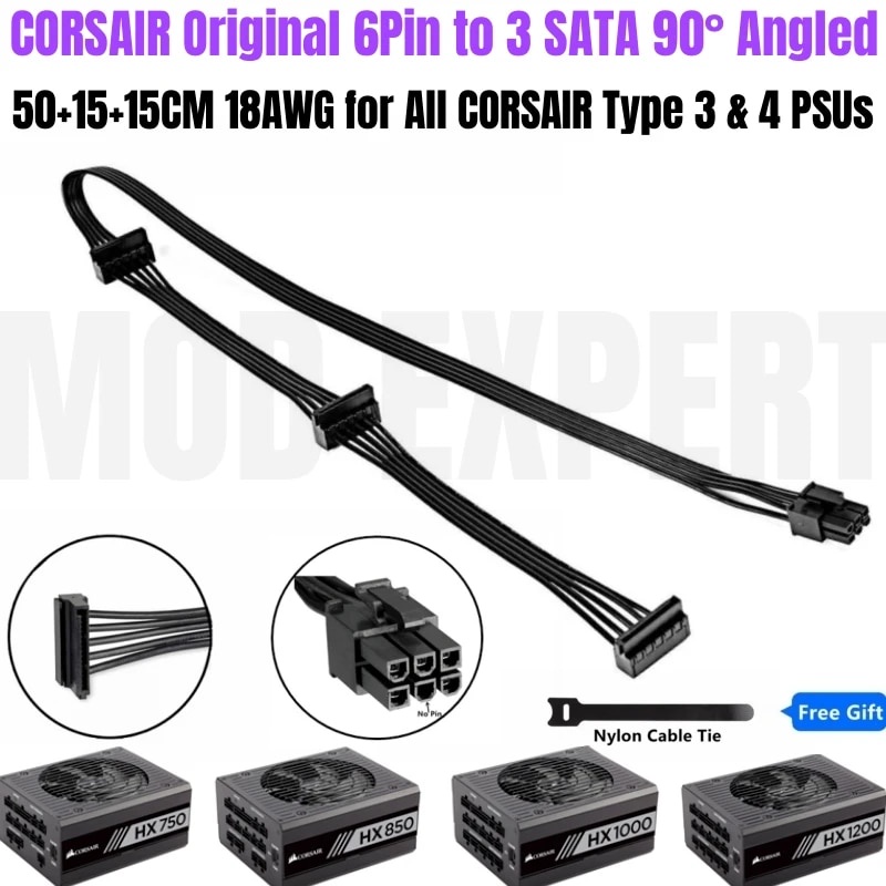 CORSAIR 6Pin to 3x SATA Angled SSD HDD Riser Card Power Cable for HX750